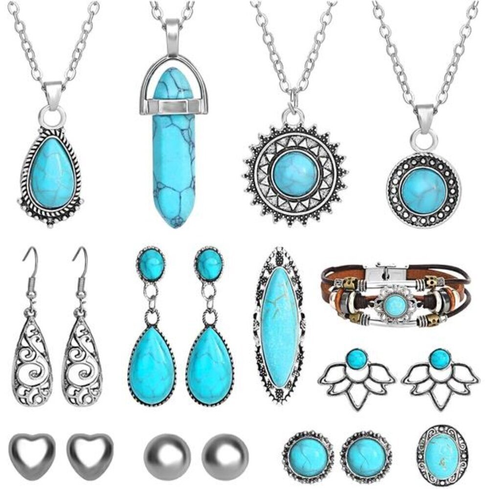 Bohemian Turquoise Jewelry Set – 13-Piece Silver Collection- Western Jewelry